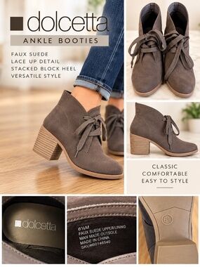 Dolcetta Faux Suede Lace-Up Ankle Booties | Taupe Brown Gray | Size 6.5